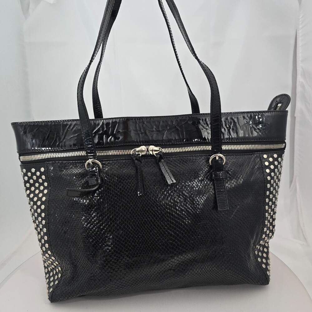Stuart Weitzman Crinkle Patent Leather Snakeskin/Python Studded Large Tote Bag